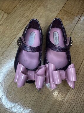 Mini Melissa 3c Glittery Purple Mary Janes with Pink Bows